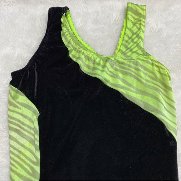 GK Elite Girl's Gymnastic Dance Leotard Black Green Neon Zebra Print Size AM - Picture 2 of 14